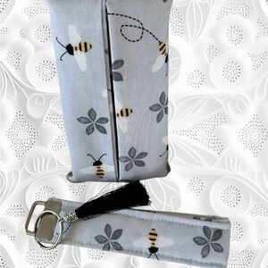 Bee Patterned Gray Keychain Wristlet and Matching Pocket Tissue Holder